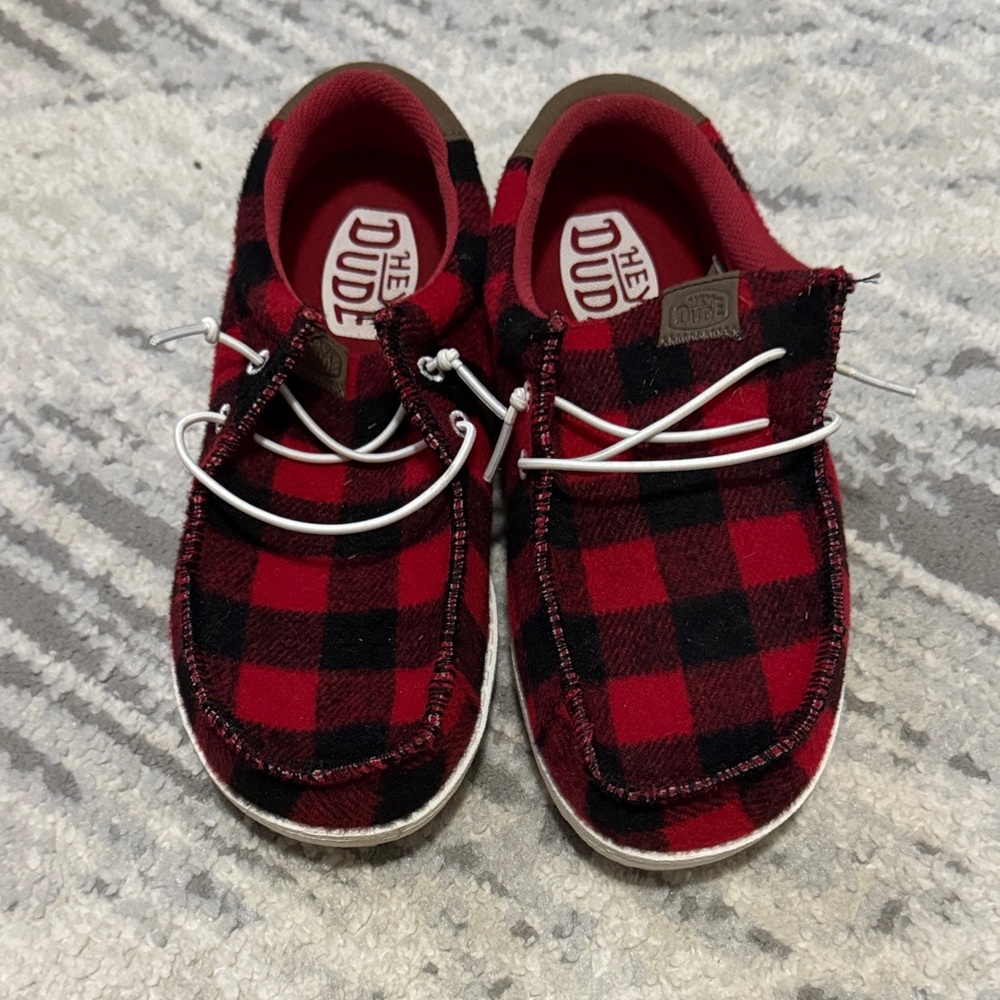 Hey Dude Kids Red and Black Plaid Moccasins